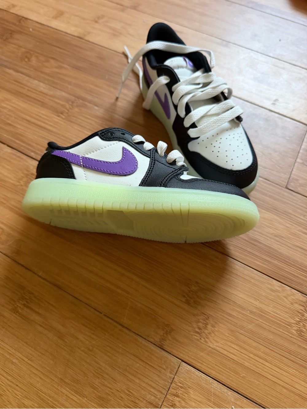 Nike Kids Black, White & Purple Sneakers with Glow Green Sole